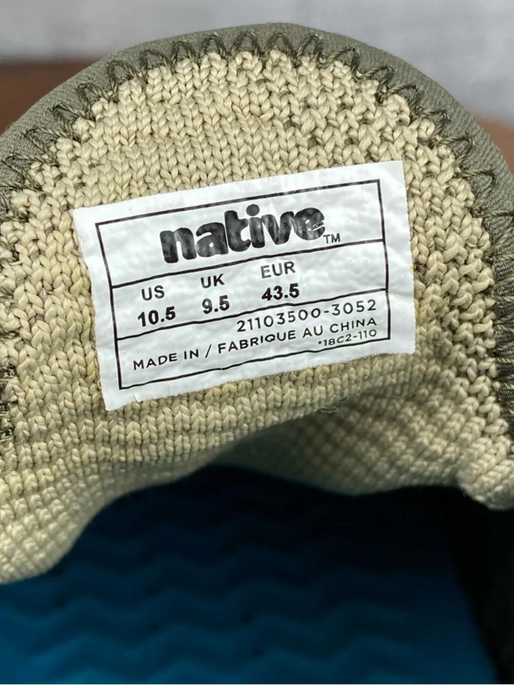 Native Shoes AP Proxima LiteKnit Olive Green Sneakers Men’s Shoe Size 10.5